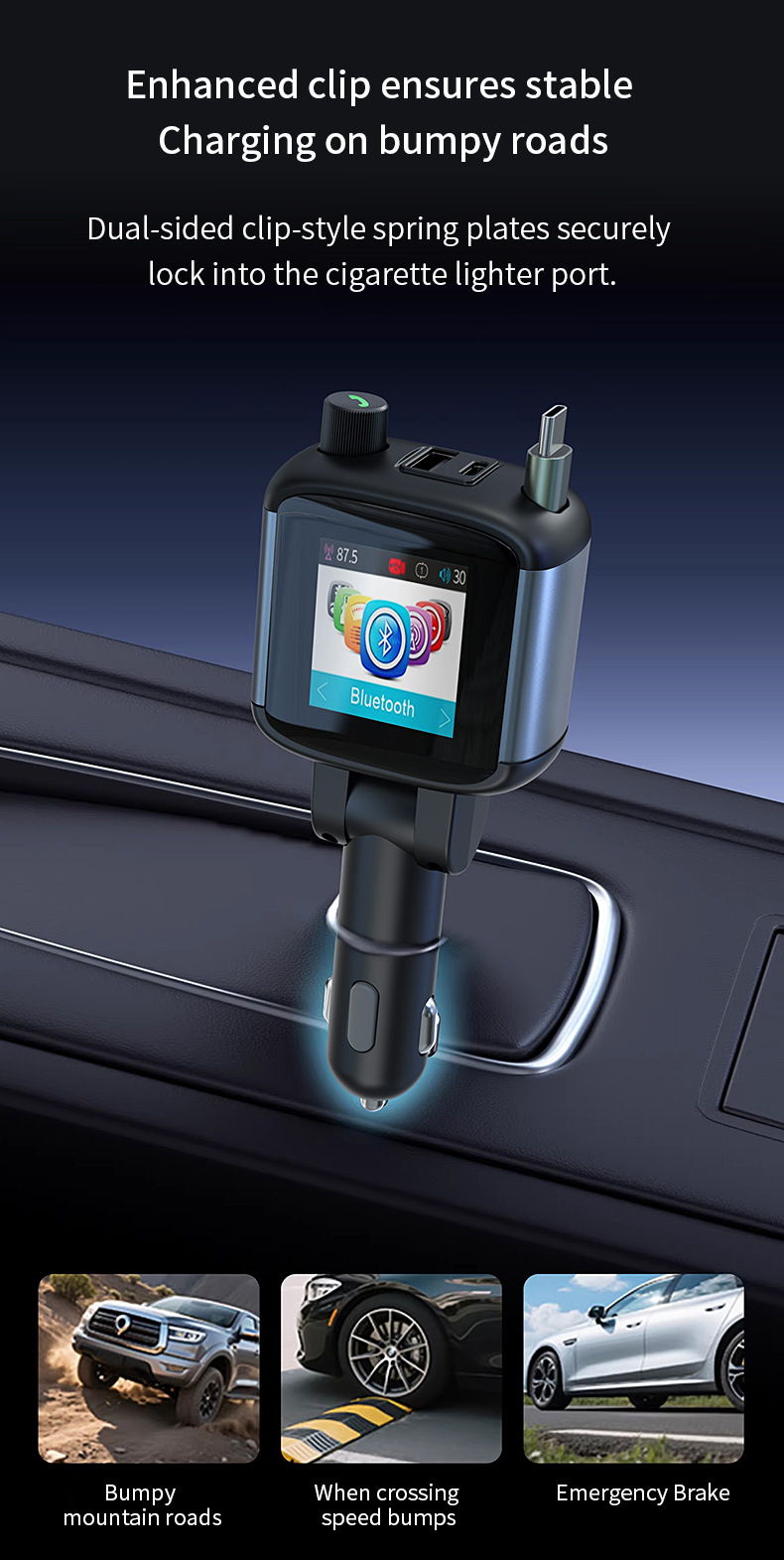 Car-mounted color display screen Bluetooth FM transmitter hands-free calling PD65W fast charging charger MP3 player