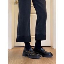 羊皮版~双排扣黑色英伦风小皮鞋女懒人一脚蹬中跟乐福鞋通勤单鞋