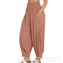 2025夏季跨境亚马逊波西米亚休闲女式高腰口袋海滩旅行哈伦裤薄款