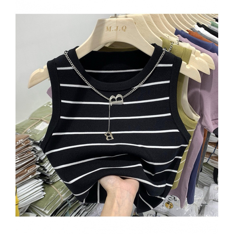 Hot Girl Short Top Striped Ice Silk Knitted Camisole Women's Summer Inner Wear and Outer Wear Design to Look Slim Hot Girl Short Top Striped Ice Silk Knitted Camisole Women's Summer Inner Wear and Outer Wear Design to Look Slim