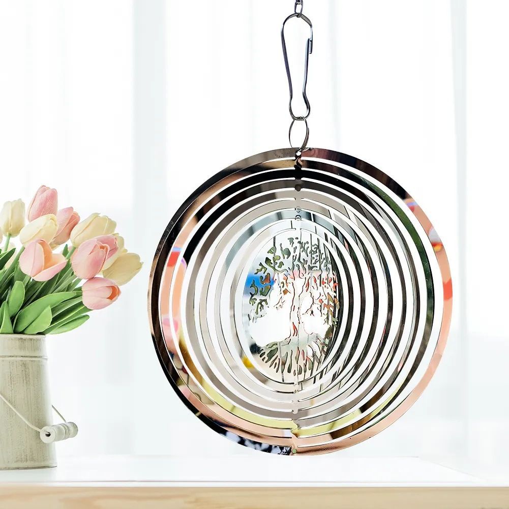 Ornamento giratório estilo nórdico com mandala, sino de vento suspenso em metal gravado em chapa de aço inoxidável._voghion.com