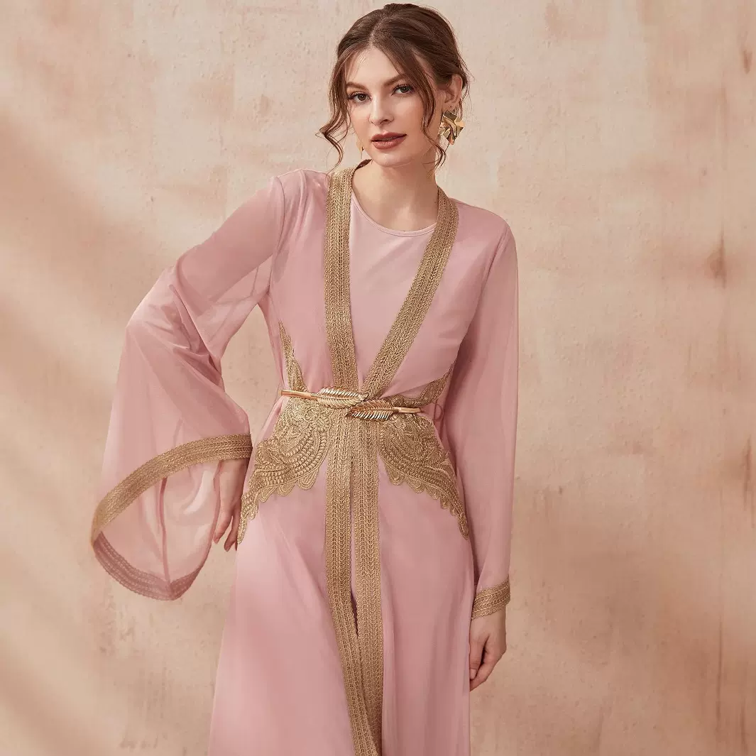 跨境中东外贸穆斯林女装abaya含腰带现货两件套装开衫连衣裙长袍