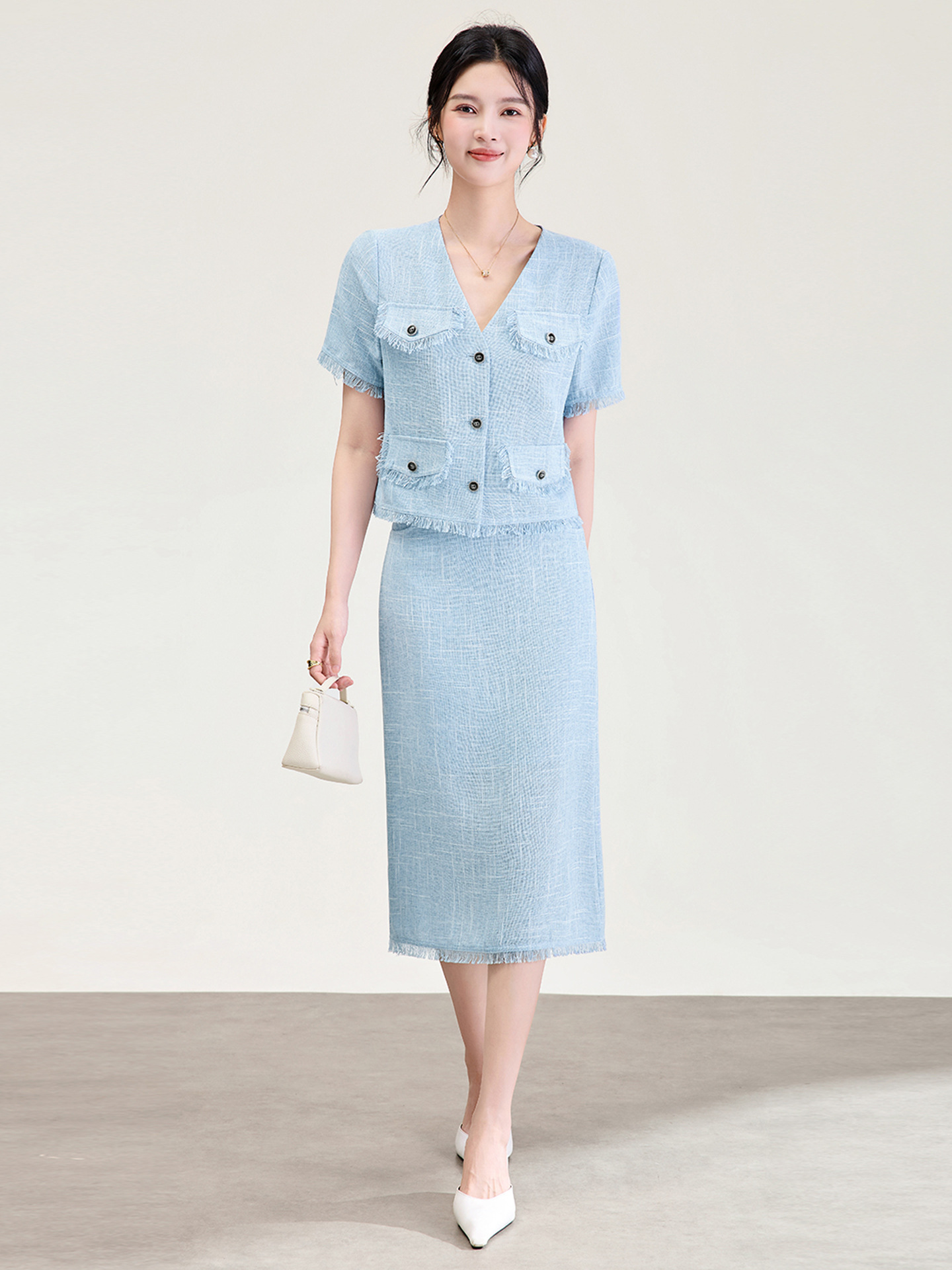 Bộ hai mảnh áo tay ngắn kiểu Chanel + chân váy midi cao cấp nữ mùa hè — xanh lam