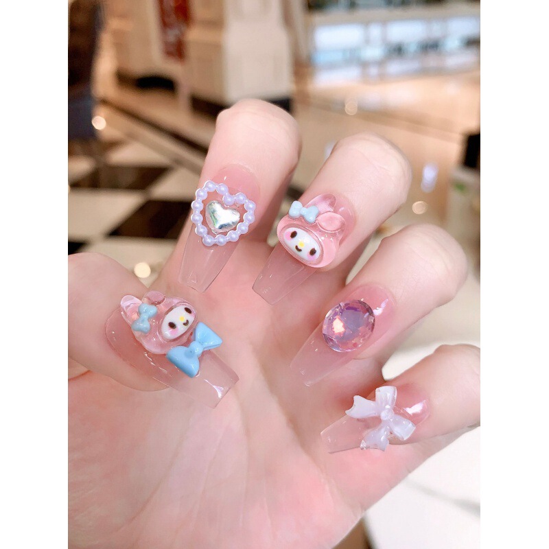 [original Real Shot] Purely Handmade Wearable Nails Internet Celebrity Popular Cartoon Melody Manicure Patch Cute Bow