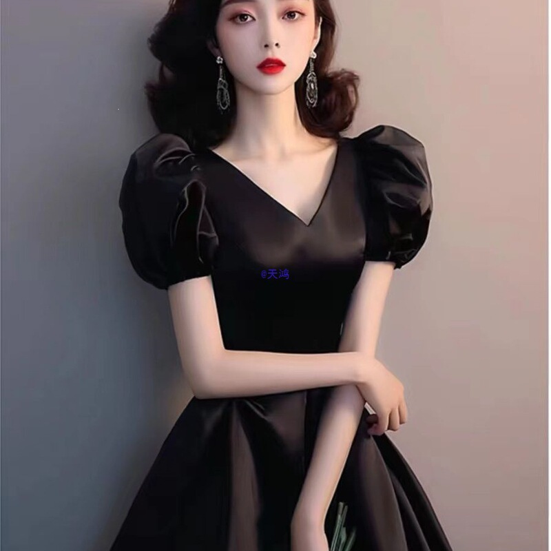 French-Style Elegant Long Dress for Formal Occasions, Luxurious Black Acetate Dress for Women in Summer