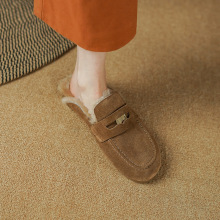 加厚羊羔毛内里半拖鞋2024秋冬新款包头棉拖女真皮平底毛毛鞋居家