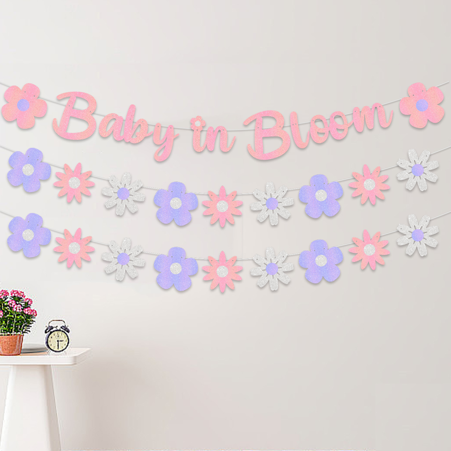 Nuevos productos transfronterizos para la decoración de la fiesta de bebés tira de banderas tema de primavera Baby Shower Party tira de flores tira de banderas