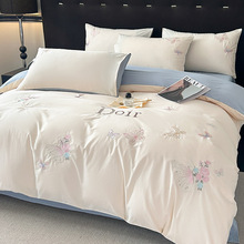 秋冬加厚全棉磨毛刺绣四件套加厚被套裸睡纯棉床单床笠床上用品4