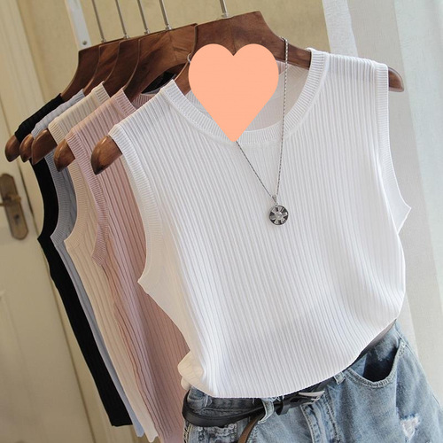 Plus-size ice silk crew-neck camisole for women, summer, Korean-style versatile sleeveless innerwear, knitted base layer, outerwear top