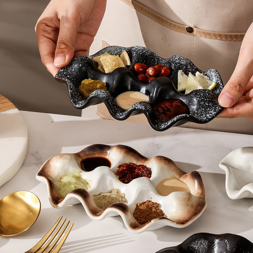 Retro household ceramic storage plate egg tray sauce dish seasoning dish compartment vinegar soy sauce dish candy dish