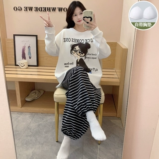 睡衣女款春秋季可爱女孩纯棉长袖带胸垫一体女士宽松家居服两件套