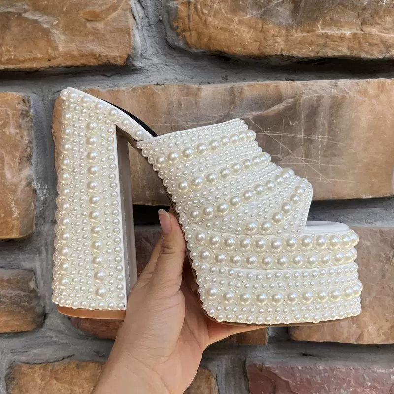 粗跟时尚女高跟婚宴凉鞋夜店公主鞋外贸女高跟珍珠女凉鞋工厂直销