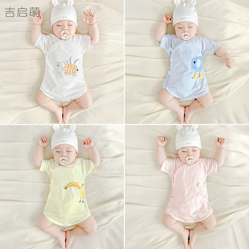 Mono de verano para bebé Pijamas de manga corta de algodón recién nacido para hombres y mujeres Triángulo fino 0 mamelones 3 meses bolso de bebé