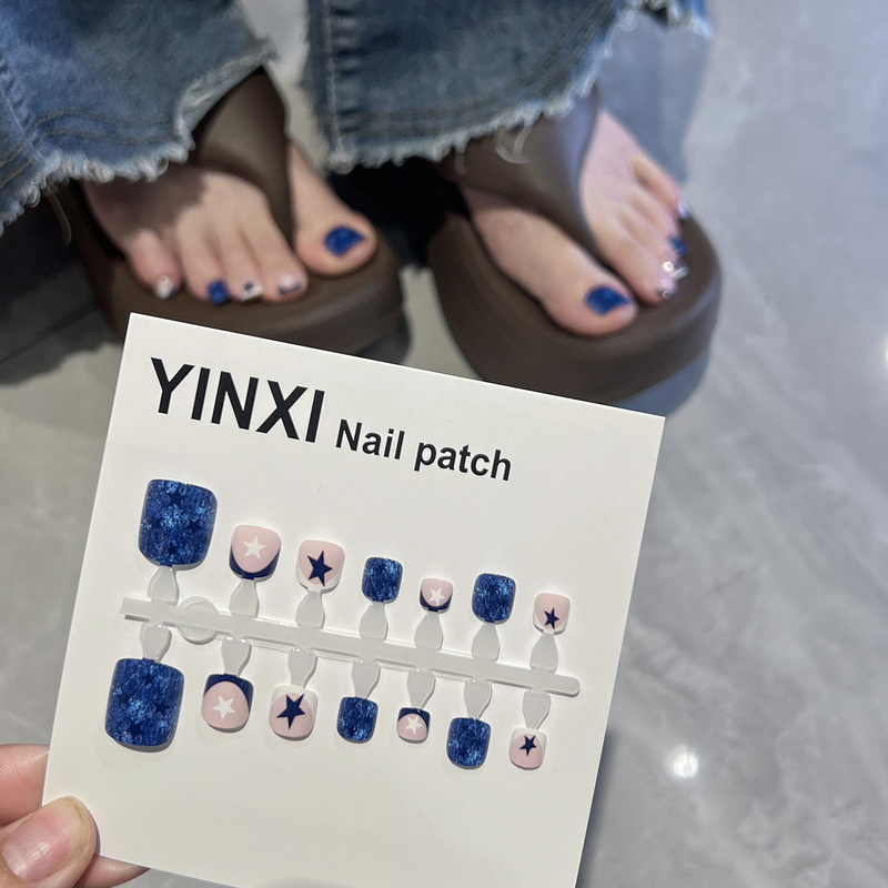 Deep Sea Blue Star Toe Nails, Pink and Blue Contrasting Color Crescent Short Square Toenails, Y2K Sweet Cool Detachable Fake Nails