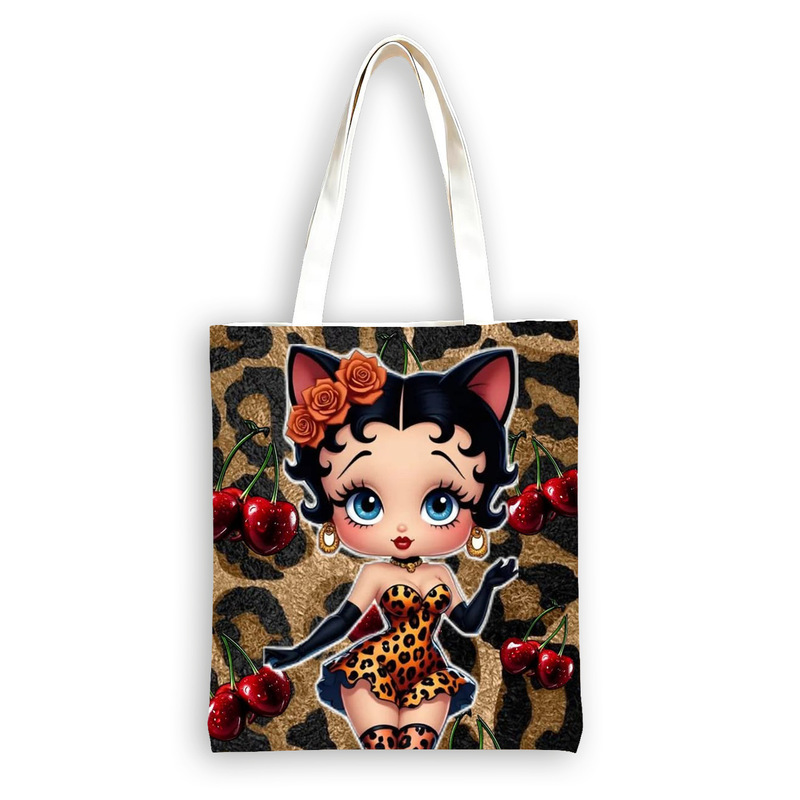 New Betty doll leopard print cherry pattern canvas tote bag, large capacity, single compartment, hand-held shopping bag, wholesale New Betty doll leopard print cherry pattern canvas tote bag, large capacity, single compartment, hand-held shopping bag, wholesale