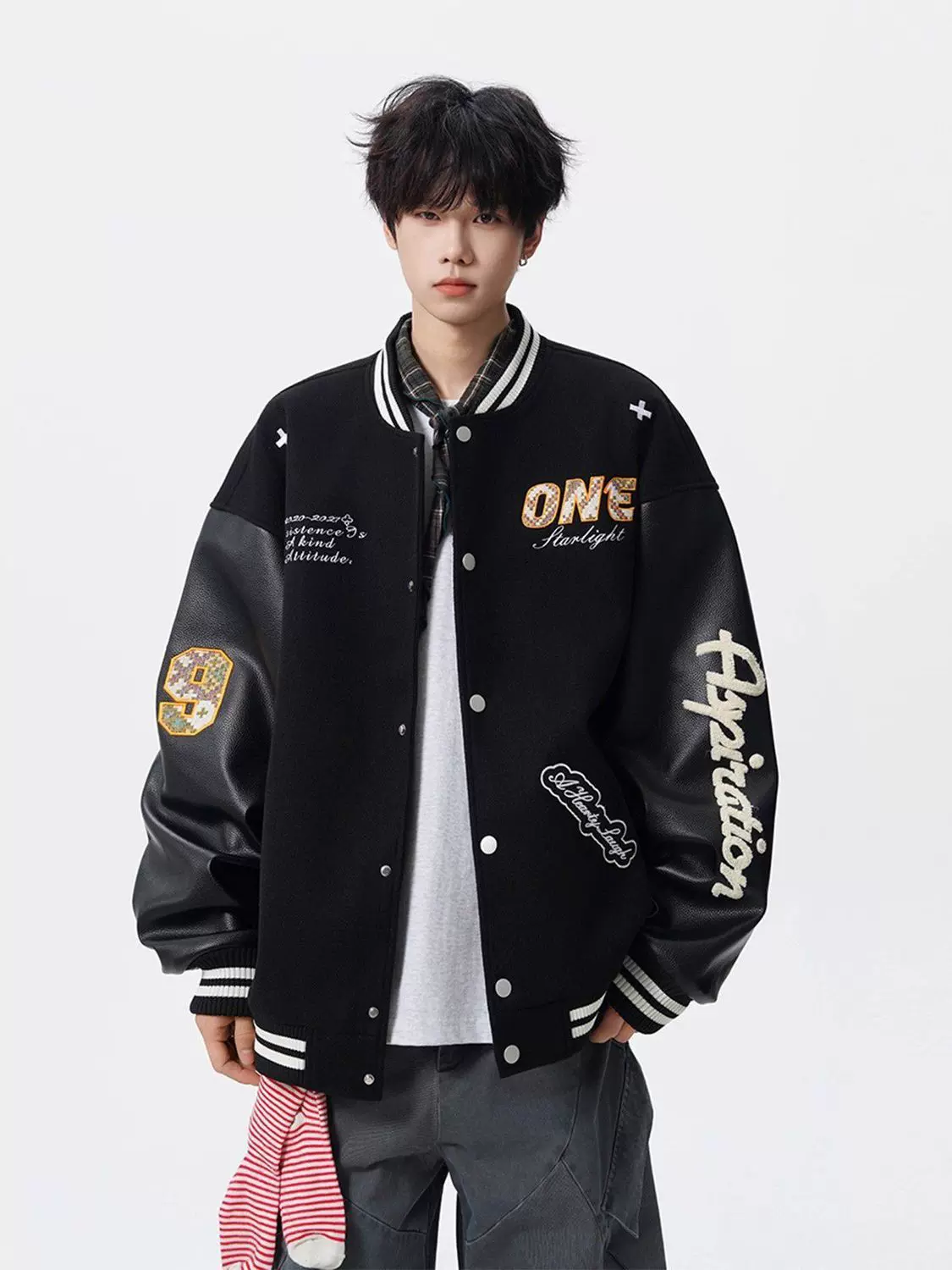 高街痞帅棒球领夹克男秋潮牌撞色刺绣外套美式设计感休闲情侣上衣