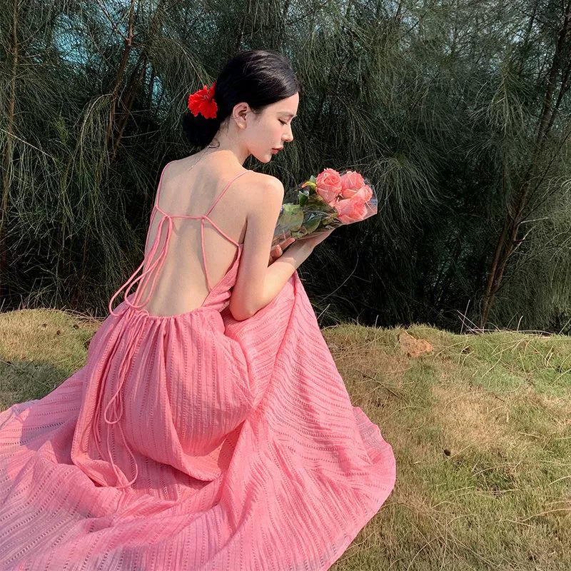 Французское розовое элитное сексуальное платье на подтяжках с открытой спиной для женщин, летняя длинная юбка принцессы с сказочным темпераментом для отдыха на море