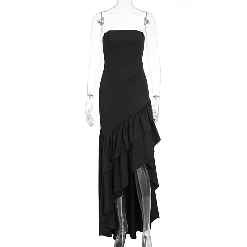 Fashion Sexy Strapless Slit Ruffle Hem Dress For Women Autumn High End Feeling Elegant Party Evening Strapless Dress_ecoleips.com