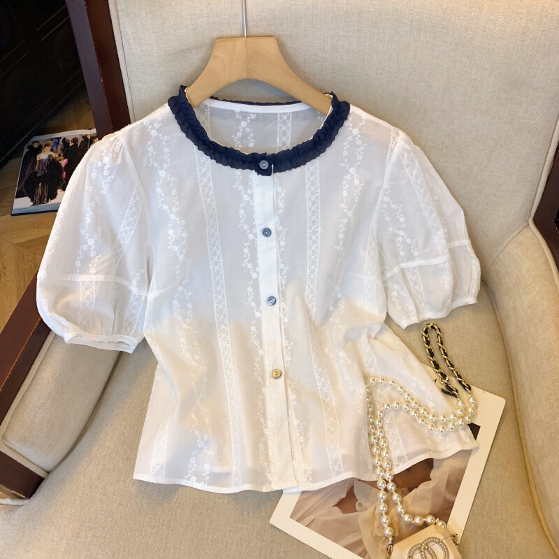 Real Shot of Sweet Style Blue Pleated Lace Collar Top Korean Style Heavy Embroidery Puff Sleeves Shell Button Shirt Real Shot of Sweet Style Blue Pleated Lace Collar Top Korean Style Heavy Embroidery Puff Sleeves Shell Button Shirt