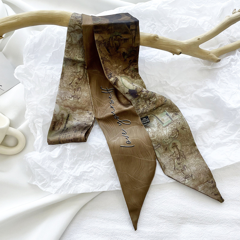 Nuevo estilo chino pintura al óleo pequeña bufanda de seda para las mujeres primavera y verano bolsa de lazo corbata decoración del pelo larga bufanda pequeña cinta de la banda del pelo