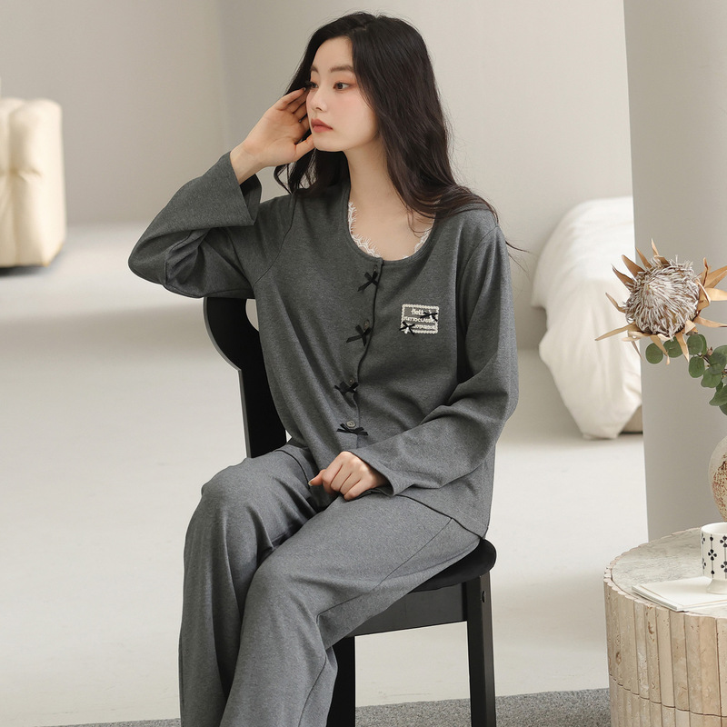 纯棉睡衣女2025新款春秋款爽棉开衫长袖简约大码家居服套装可外穿|undefined