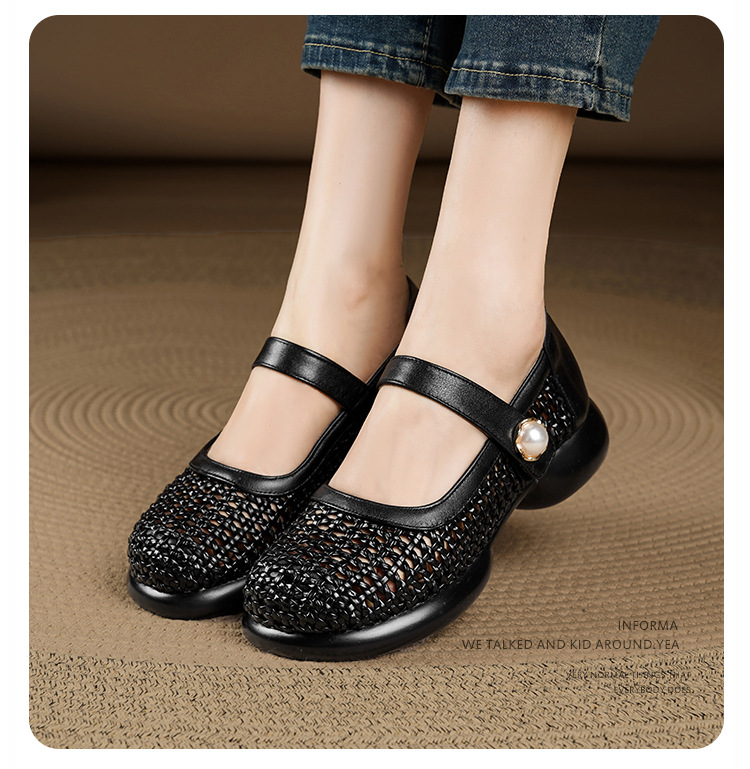 Sandal nữ da thật quai chữ V đan móc mũi kín đế mềm — màu be chi tiết 13