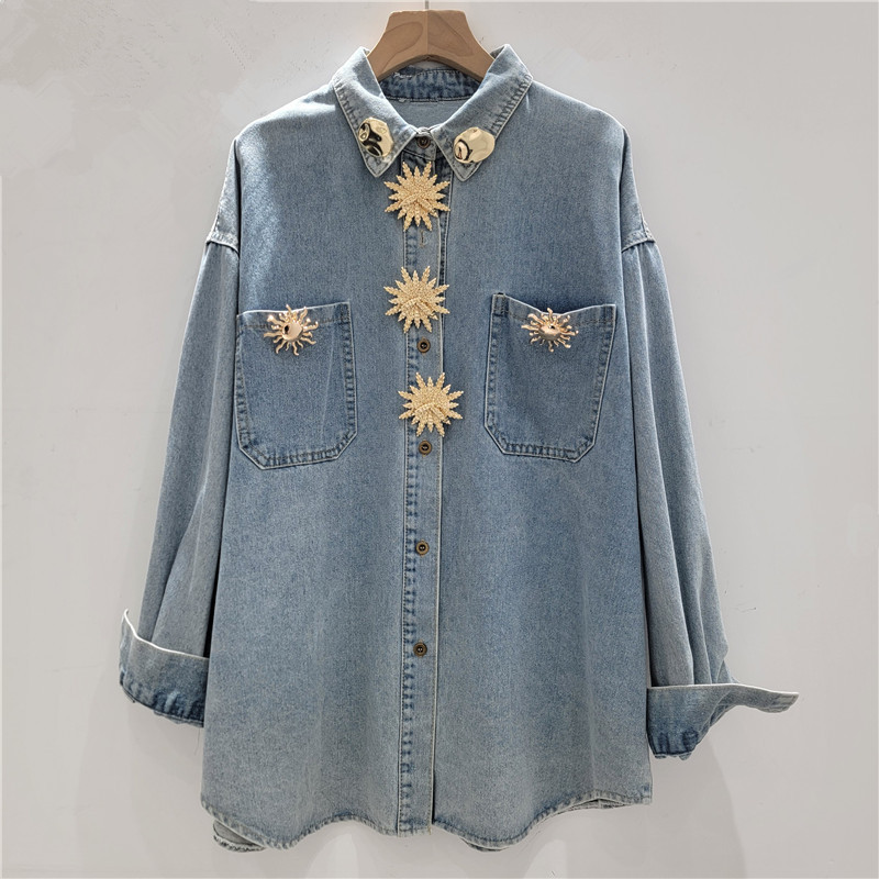 Metal Button Floral Fashion Top Denim Shirt for Women 2026 Spring New Retro Long-Sleeved Denim Shirt