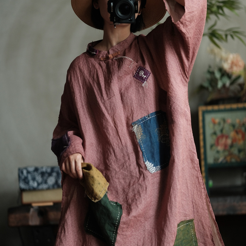 Printed Handmade Embroidery Patchwork Loose Zen Robe Dress with a Relaxed Vibe 2289 Listen to the Wind Sing