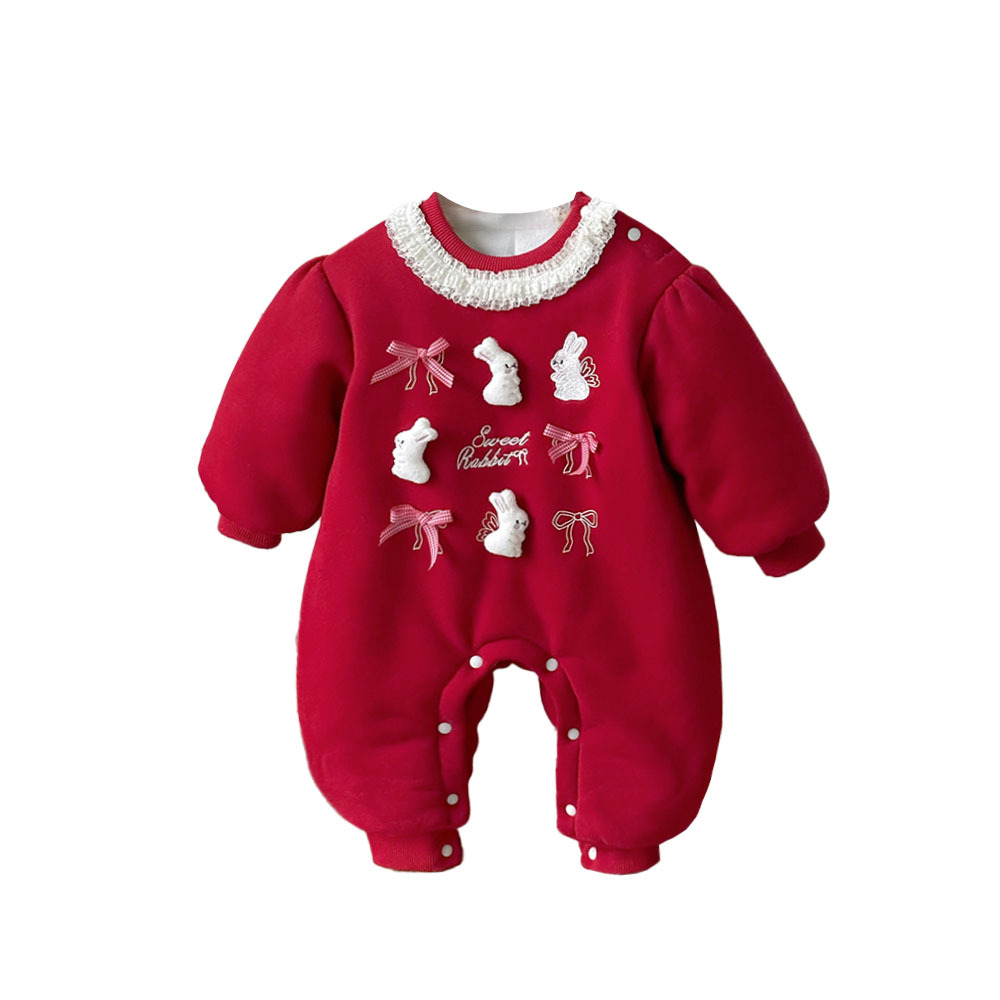 2025 ropa de algodón de estilo chino para bebés, encaje festivo de año nuevo, lindo conejito, ropa de Año Nuevo, mono acolchado grueso