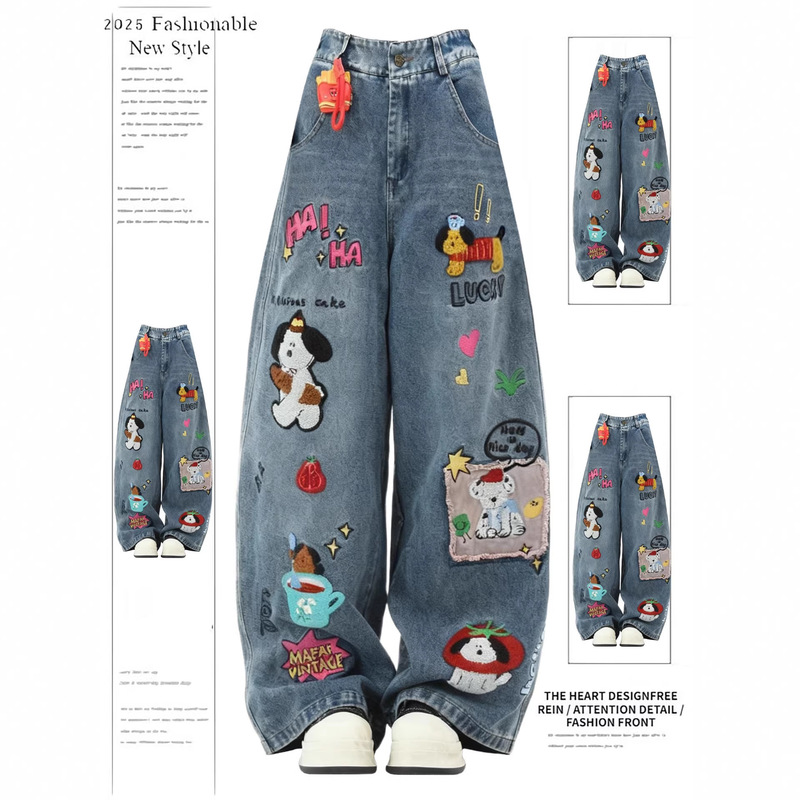 American-Style Cartoon Embroidered Jeans for Men and Women, New Foreign Trade Style, Loose Fit, Slimming Wide-Leg Straight Pants American-Style Cartoon Embroidered Jeans for Men and Women, New Foreign Trade Style, Loose Fit, Slimming Wide-Leg Straight Pants