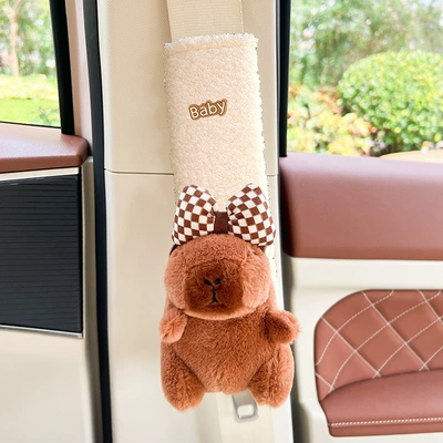 car decoration cute decoration: Seat belt shoulder pad - bow-large-capibala-teddy-velvet-shoulder-pad-1-beige