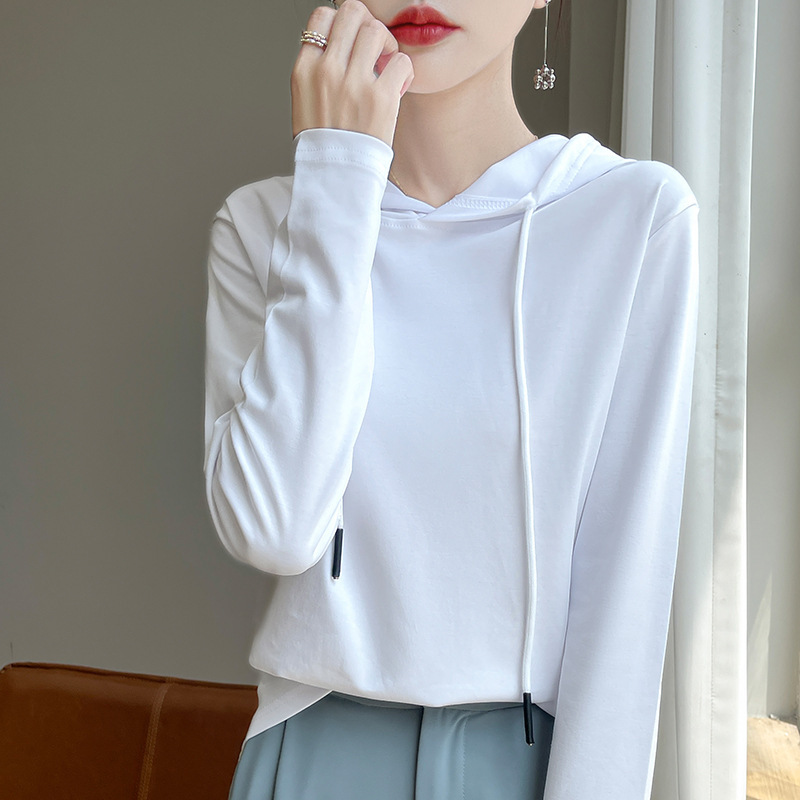 Pure Cotton White Hooded Long-sleeved T-shirt Sweater Women's Loose Thin Slimming Casual All-match Base Shirt Hooded Top