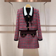 红色小香风套装秋冬2025新款撞色翻领外套半身裙小洋装格纹两件套