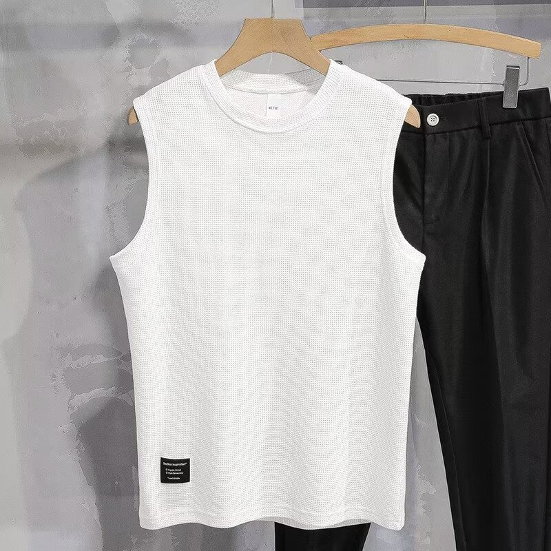 Waffle Men's Vest Heavyweight Sleeveless T-shirt Loose Trendy Solid Color Waistcoat Summer Student Sports Fitness Shirt