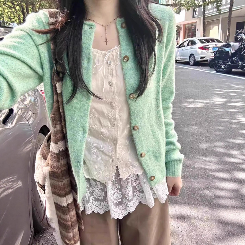 Mint Green Retro Rolled Edge Knitted Cardigan Sweater Jacket for Women New Spring and Autum Soft Waxy Early Autum Outer Top