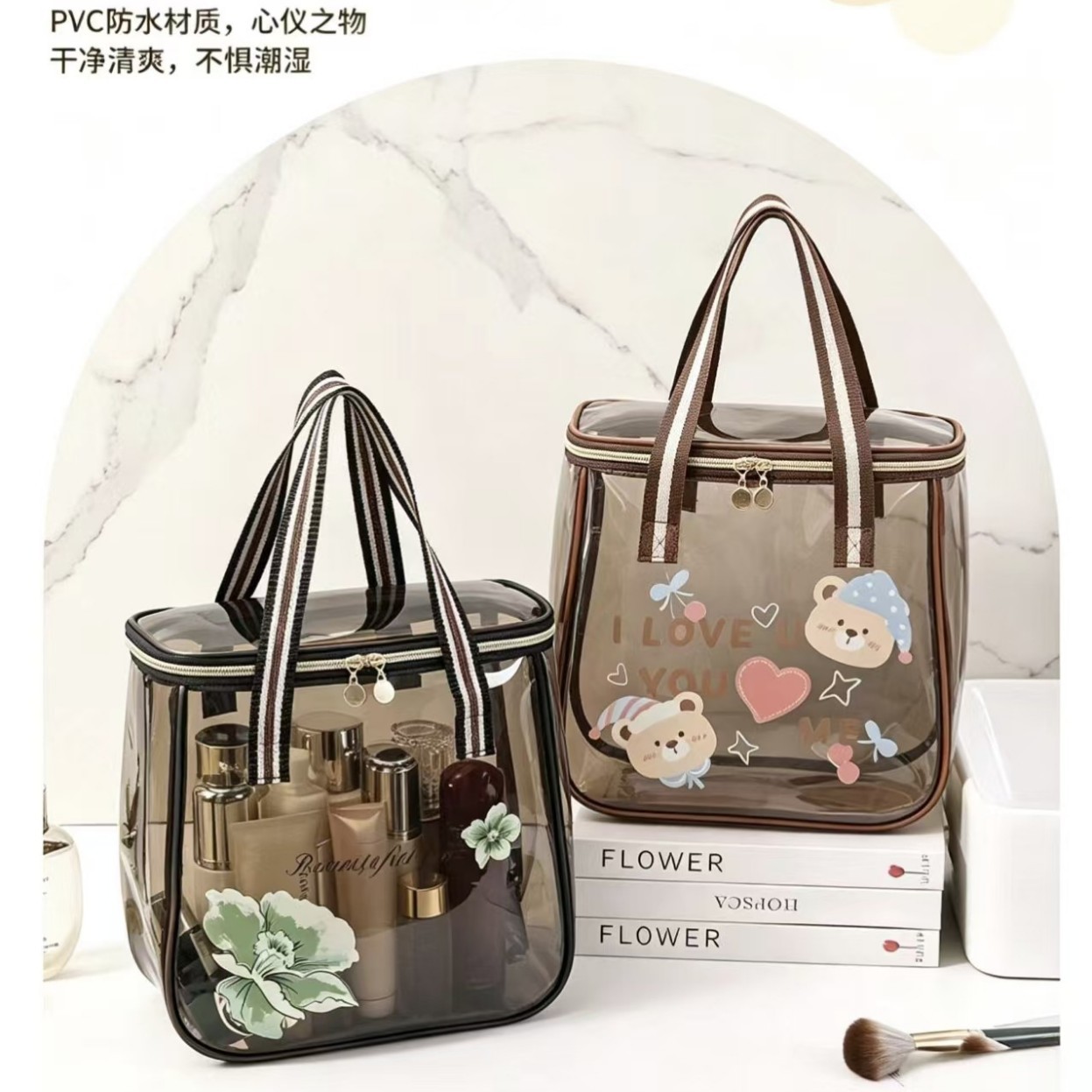 PVC makeup bag, waterproof, transparent, large-capacity storage bag, suitable for beach and swimming trips, cartoon-style portable toiletry bag, cross-border