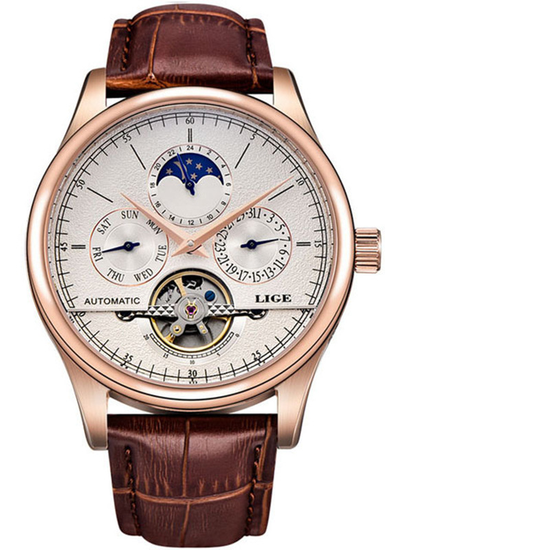 LIGE calendario semana nuevo movimiento mecánico automático hueco de negocios Sun Moon Star reloj de hombre 6826