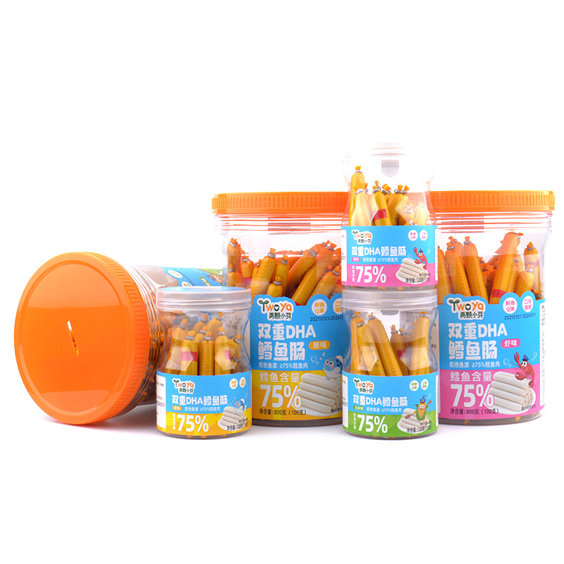 两颗小芽双重DHA鳕鱼肠70%鳕鱼含量桶装鱼肉肠虾味原味玉米火腿肠