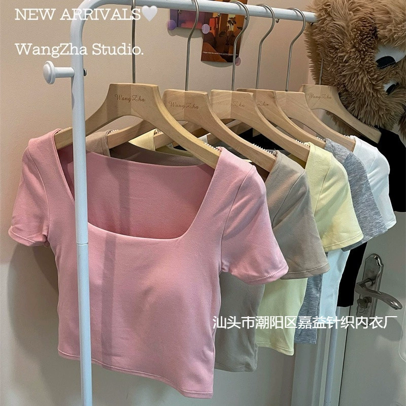 A079 # человек хлопок с короткими рукавами с квадратным воротником горячая девушка с низким воротником сексуальная футболка с короткими рукавами 2024 летняя новая дикая модница