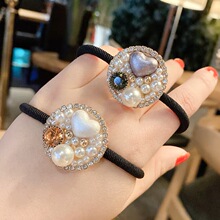 新款巴洛克镶钻珍珠桃心发绳韩国复古风百搭扎头发皮筋头饰批发女