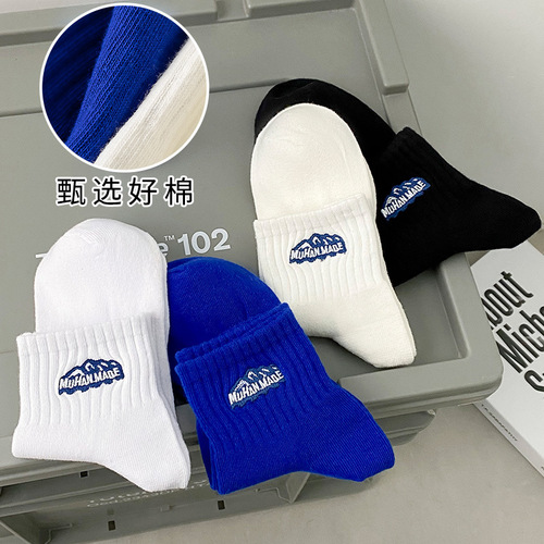 ins trend men's mid-calf socks cotton sports sweat-absorbent embroidered couple stockings spring and summer casual elastic short socks