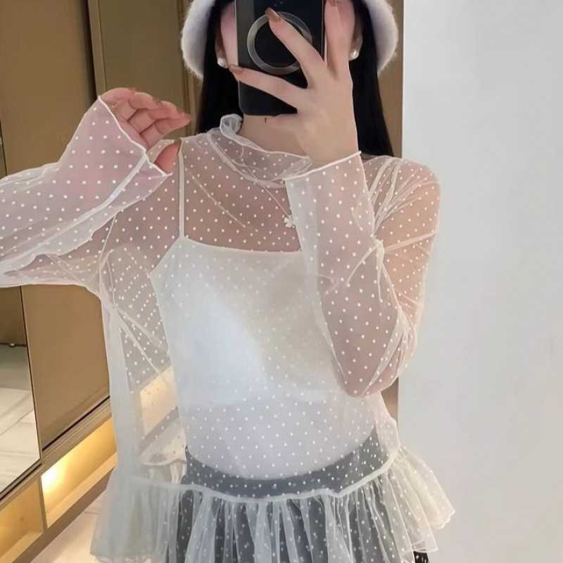 Korean-style high-neck polka dot long-sleeve lace top for women, with ruffles and sheer layers