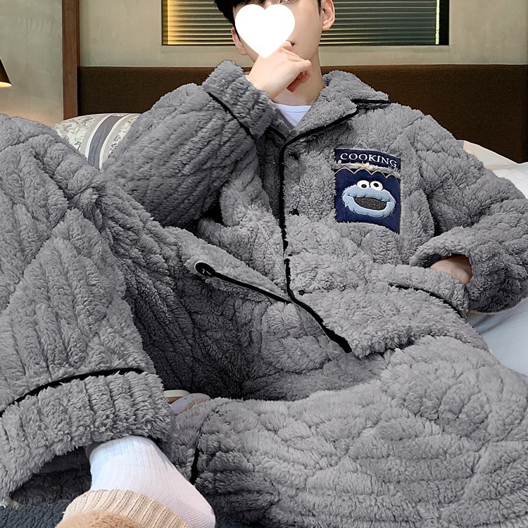 Autumn and Winter Men's Pajamas Coral Velvet Winter Style Thickened Fleece-Lined Warm Flannel Three-Layer Quilted Home Wear Set