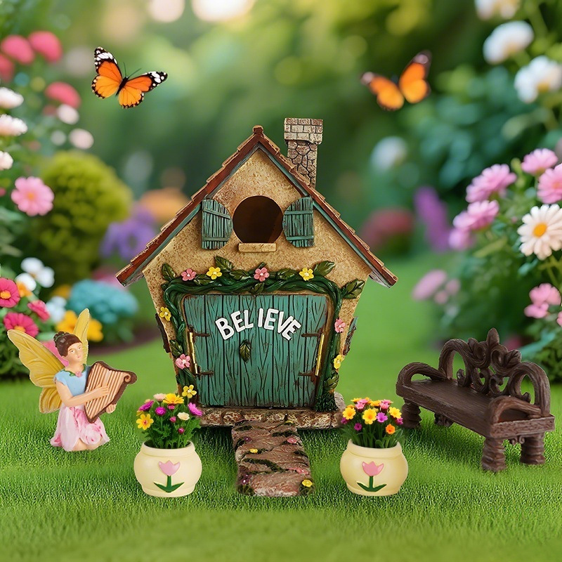  Flower House Set Resin Ornaments Micro Landscape Butterfly Girl House Courtyard Garden Landscaping Decoration