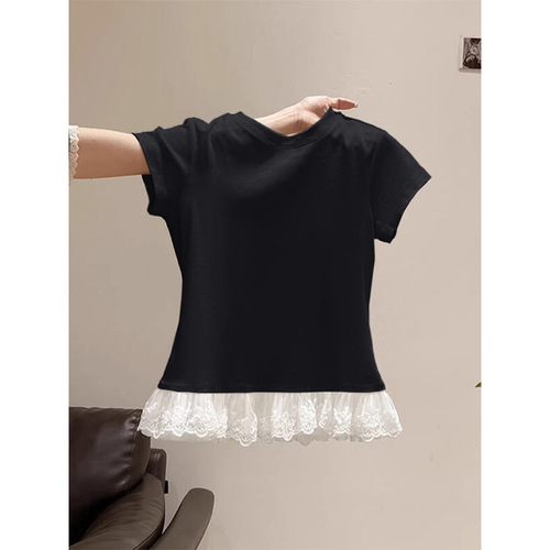 Pure Desire Lace Hem Crew Neck Short Sleeve T-Shirt for Women - 2025 Summer New Slimming Fashion Student Top