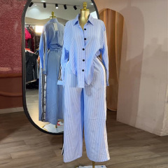 ヨーロッパとアメリカのクロスボーダー婦人服 2025 秋の新ファッションラペルストライプ長袖シャツハイウエストワイドレッグパンツスーツ