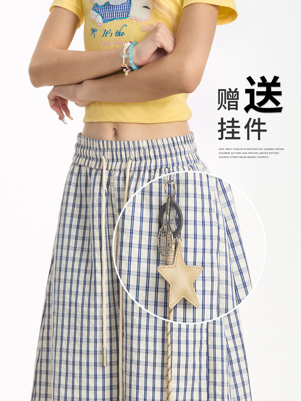スターペンダントパンツブルーチェック柄ストレートパンツ女性の夏の2025新しいスタイルドレープレイジーカジュアルワイドレッグパンツイン|undefined