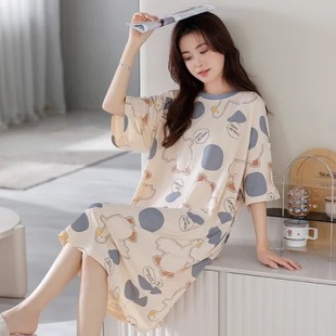 Summer short-sleeved nightdress for female students mid-length dress loose plus size Korean style milk silk cartoon thin