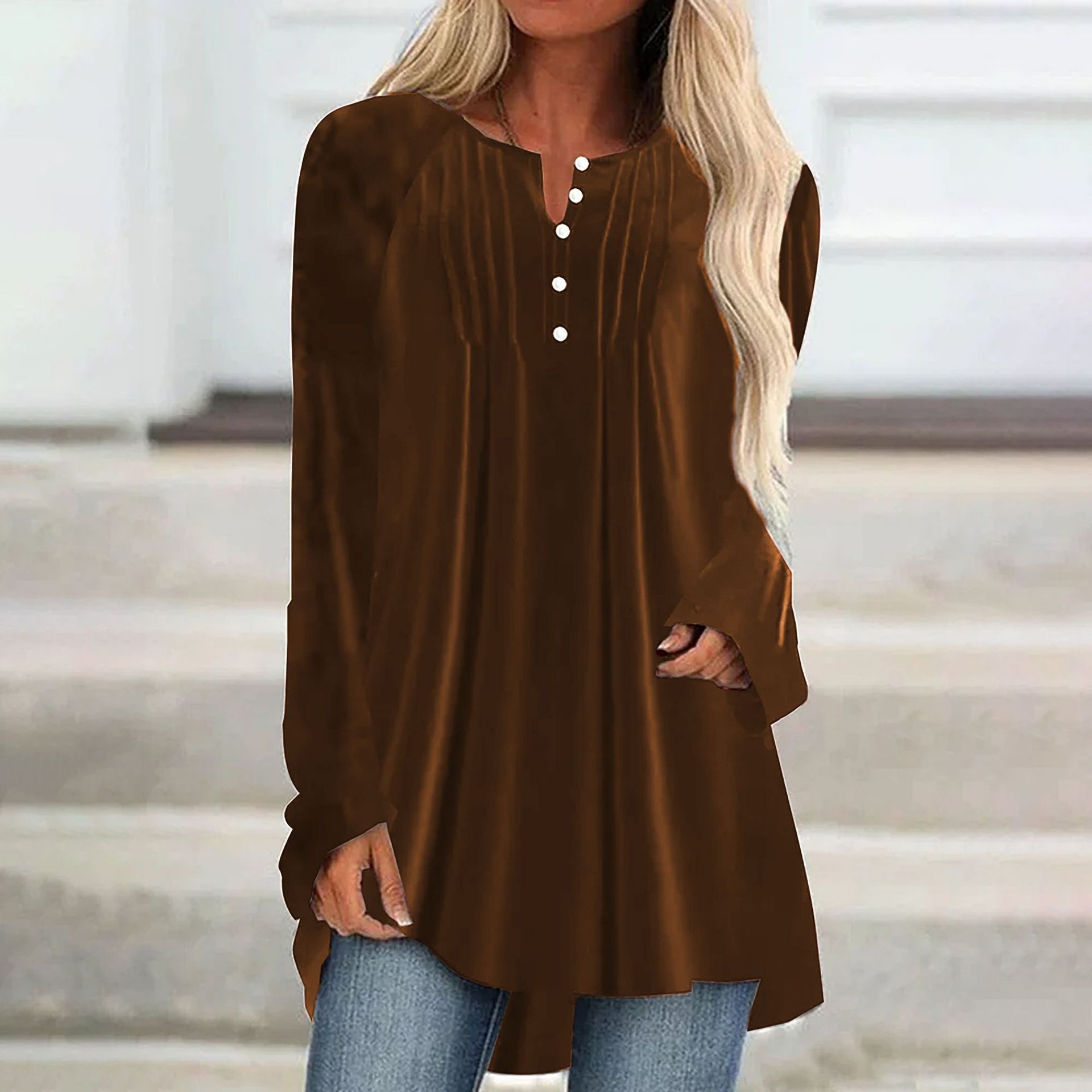2026 European American Women's Fashion Autumn New V-neck Buttoned Velvet Long-sleeve Shirt With Chest Pleats And_ecoleips.com