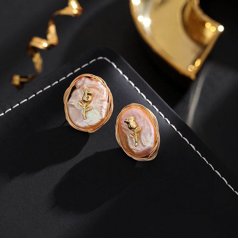 高版本真金電鍍 巴洛克淡水珍珠耳環 時髦個性玫瑰花耳釘耳飾品